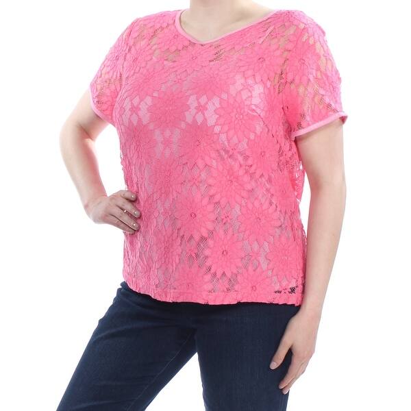 Shop Nine West Womens Pink Lace Short Sleeve Jewel Neck Top Size