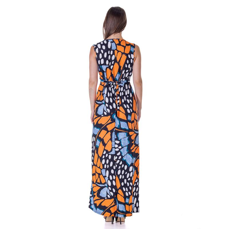 24seven Comfort Apparel Womens Print V Neck Tie Back Empire Waist Sleeveless Maxi Dress