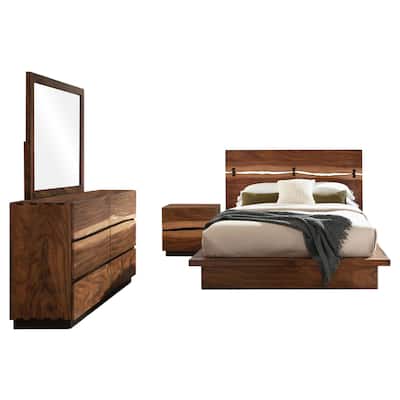 Zeko 4pc Queen Bedroom Set, Plinth Base, Live Edge, Smoky Walnut Brown