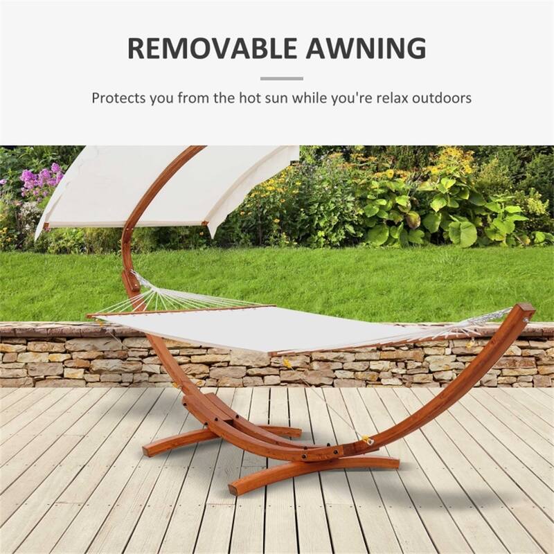 Wooden Hammock with Stand and Sun Canopy and Large Cotton Bed for Indoor Outdoor Relaxation - 157.5"L x 59"W x 84.75"H