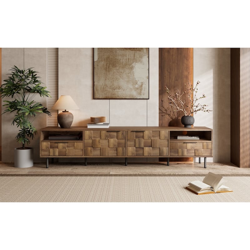 Mid-Century Modern TV Stand Media Console, Entertainment Center with 2 Drawers, Storage Cabinets, Open Shelves for TVs up to 85"