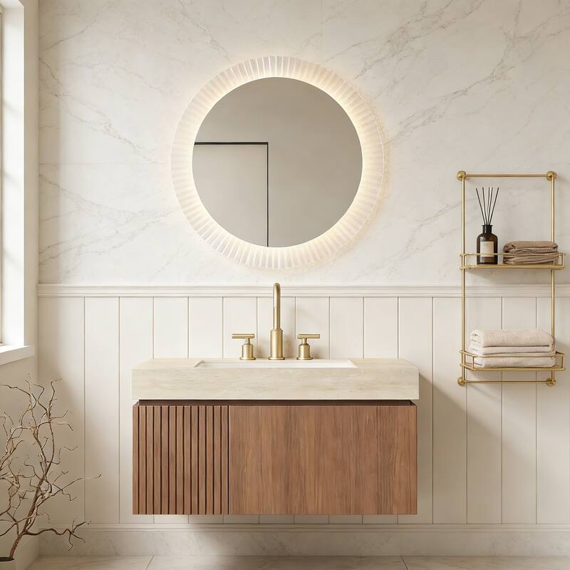 Mondern Floating Bathroom Vanity with 3 Pre-drilled Faucet Holes - 36 - Brown Oak