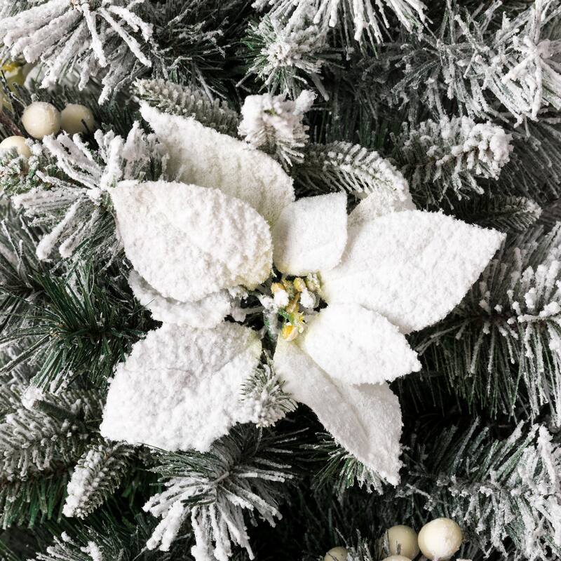 Glitzhome 5FT Pre-Lit Flocked Pine Artificial Christmas Porch Tree with 150 Warm White Lights and Poinsettia