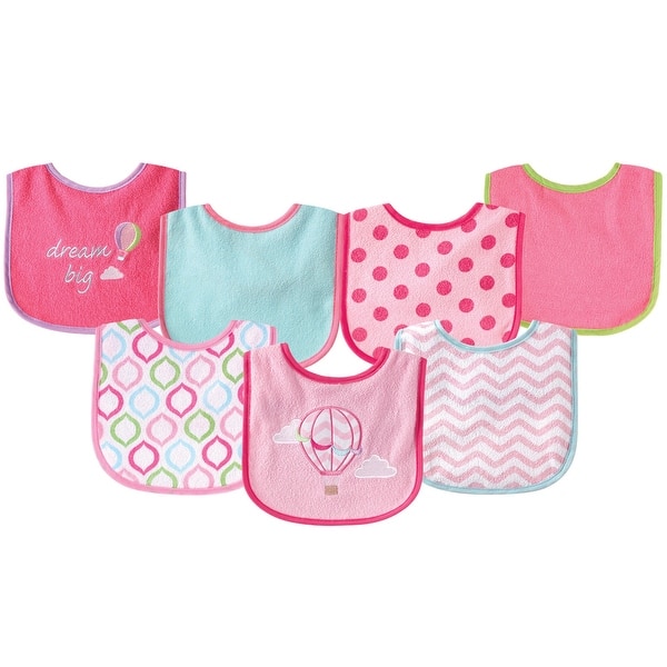 slide 1 of 1, Luvable Friends Baby Girl Cotton Terry Drooler Bibs with PEVA Back 7pk, Pink Balloon, One Size - Pink Balloon - One Size One Size - Pink Balloon