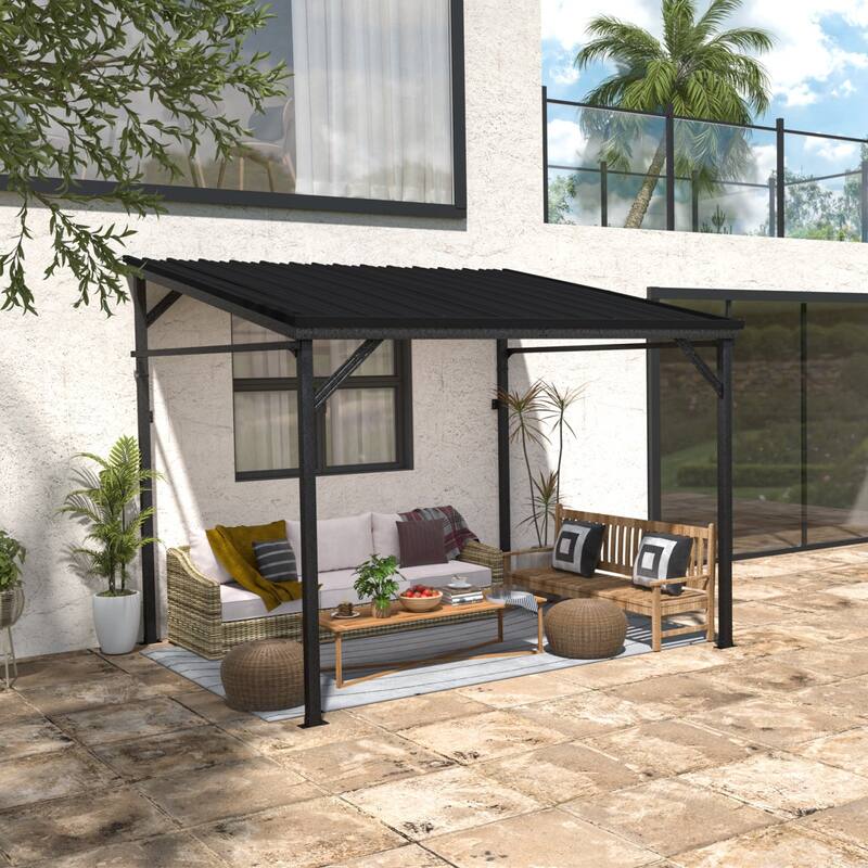 VEIKOUS 8 x 10 FT Wall-Mounted Lean-To Gazebo with Steel Roof for Outdoor