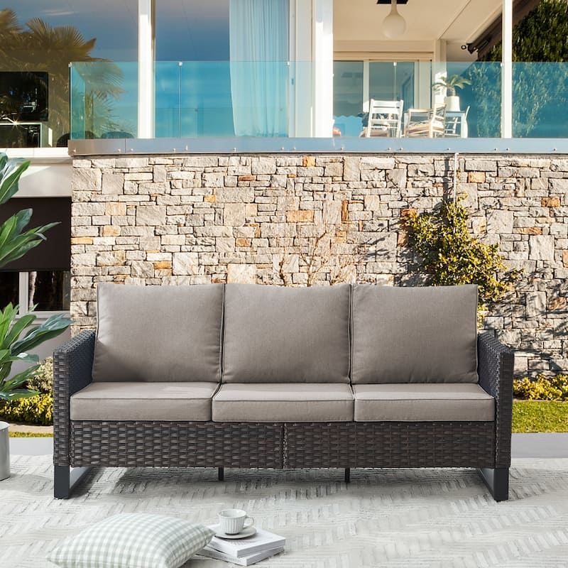 Gymojoy Outdoor PE Rattan Sofa with Thick Cushions - Brown - Grey