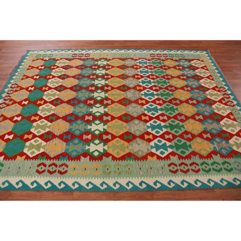 Hand Woven Oriental 100% Wool Carpet Southwestern All-Over Multi-Colored Kilim Area Rug - 8' 4'' X 6' 4''