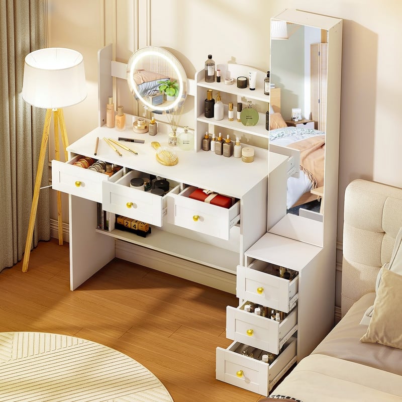 White Vanity Set With Full-Length LED Mirror & Jewelry Cabinet, 6 Drawers with Golden Handles