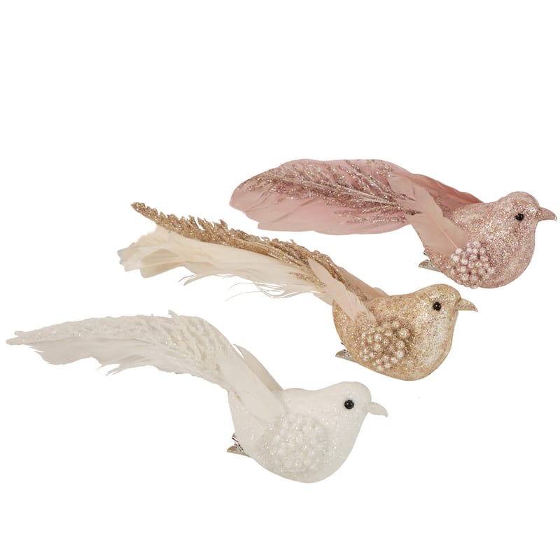Set of 3 Glittered Pink White and Champagne Bird Christmas Ornament with Clip 6.5"