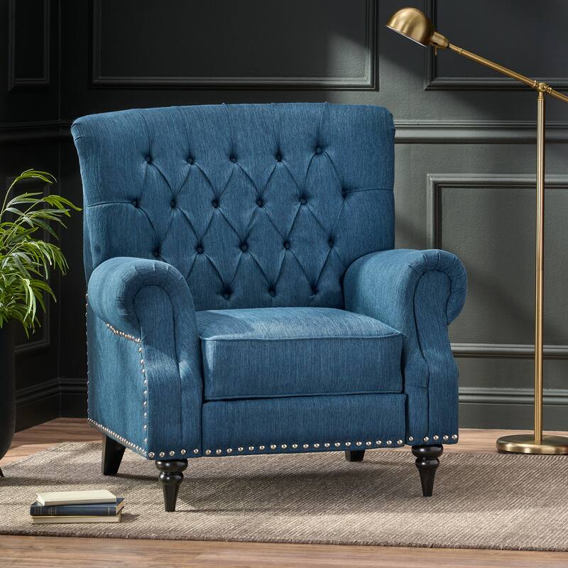 Classic Curled Arm Single Sofa Chair, Tufted Wide Back Recliner with Retractable Footrest Accent Chair with Rivet Trim&Wood Legs