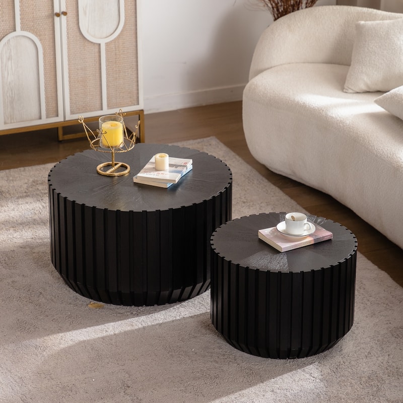 Coffee Table Nesting End Table Set of 2, Modern Black Fluted Coffee Table, Wood Side Table, Circle Accent Tables