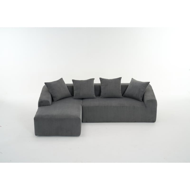 Grey Compression Sofa: Chaise Longue with 3 - Seater, Corduroy Fabric, Full Sponge, 4 Pillows