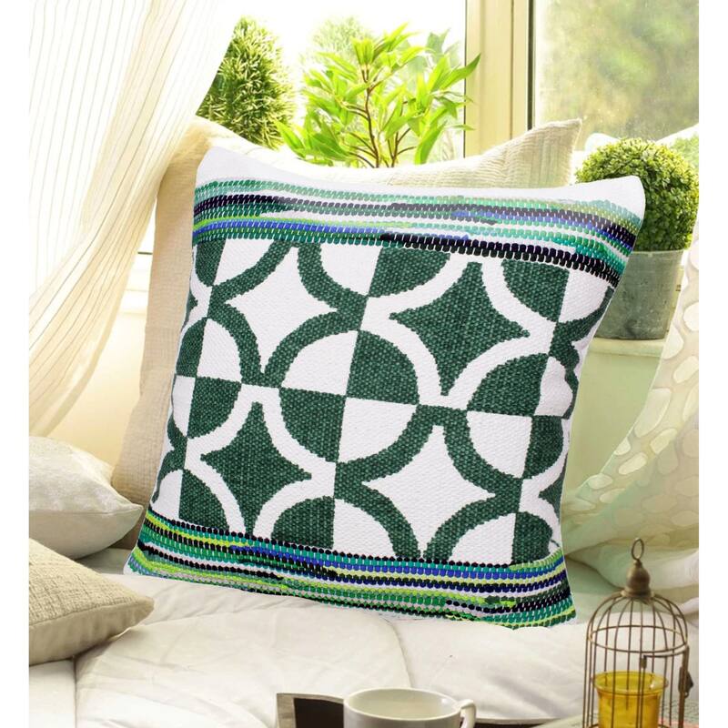 20" Green and White Bordered Diamond Mosaic Square Throw Pillow