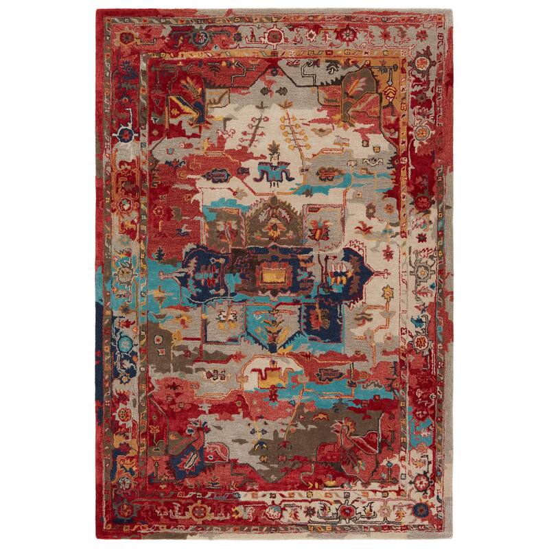 Cysha Handmade Medallion Red/ Aqua Area Rug - 8'X10' - Rectangle