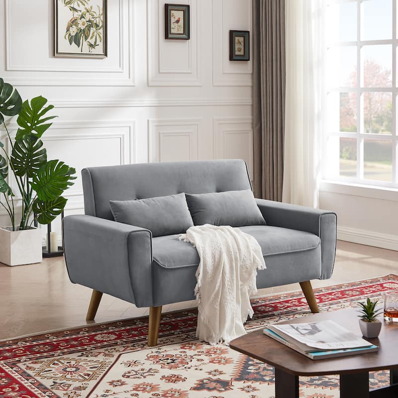 48.82" Small Tufted Loveseat Sofa with 2 Pillows and Tapered Wood Legs