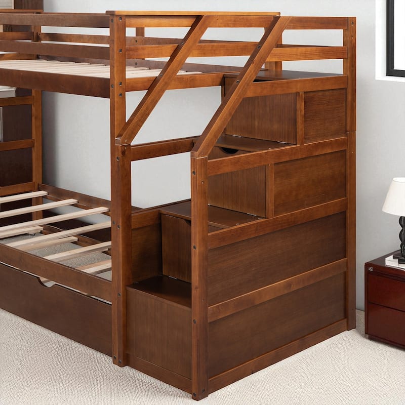 Twin Over Twin Bunk Bed with Trundle and 3 Storage Stairs, Solid Wood Frame, No Box Spring Required