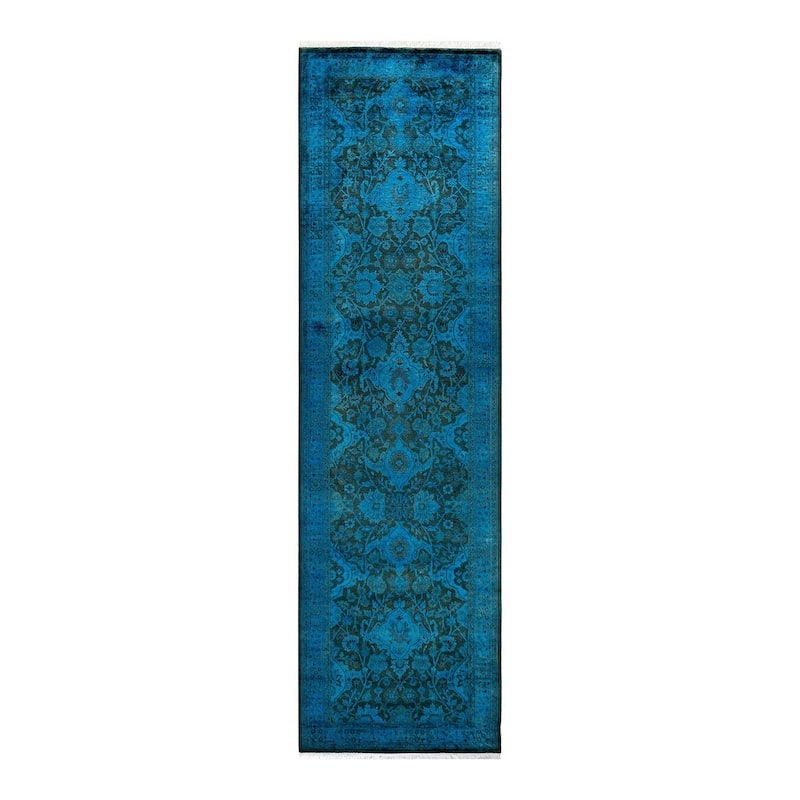 Overton Hand Knotted Wool Vintage Inspired Modern Contemporary Overdyed Blue Runner Rug - 2' 7" x 9' 3"