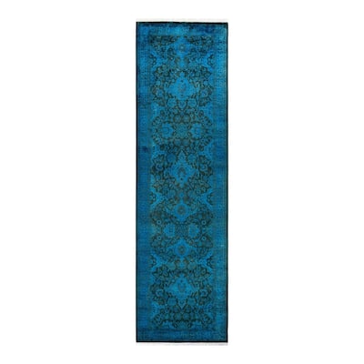 Overton Hand Knotted Wool Vintage Inspired Modern Contemporary Overdyed Blue Runner Rug - 2' 7" x 9' 3"