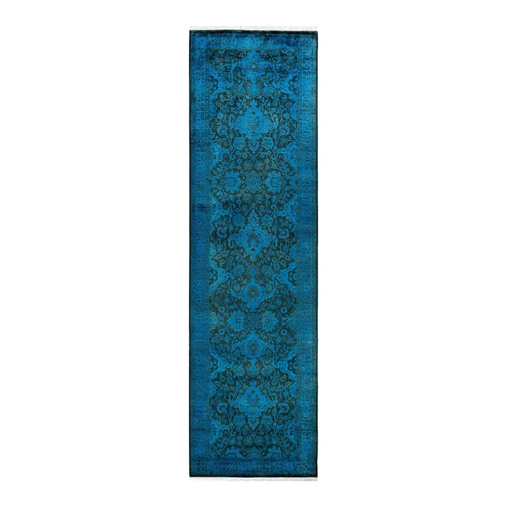 Overton Hand Knotted Wool Vintage Inspired Modern Contemporary Overdyed Blue Runner Rug - 2' 7" x 9' 3"
