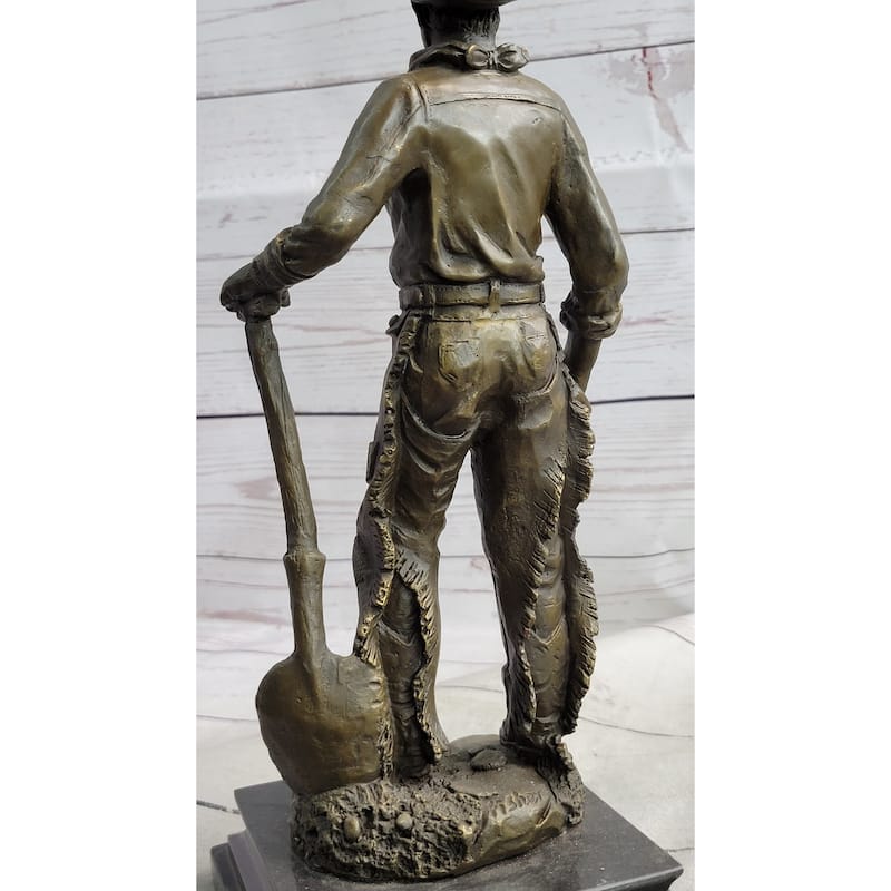 Cowboy In Chaps Holding Shovel Bronze Statue Sculpture Figure Country Western 12 Inches X 5 Inches