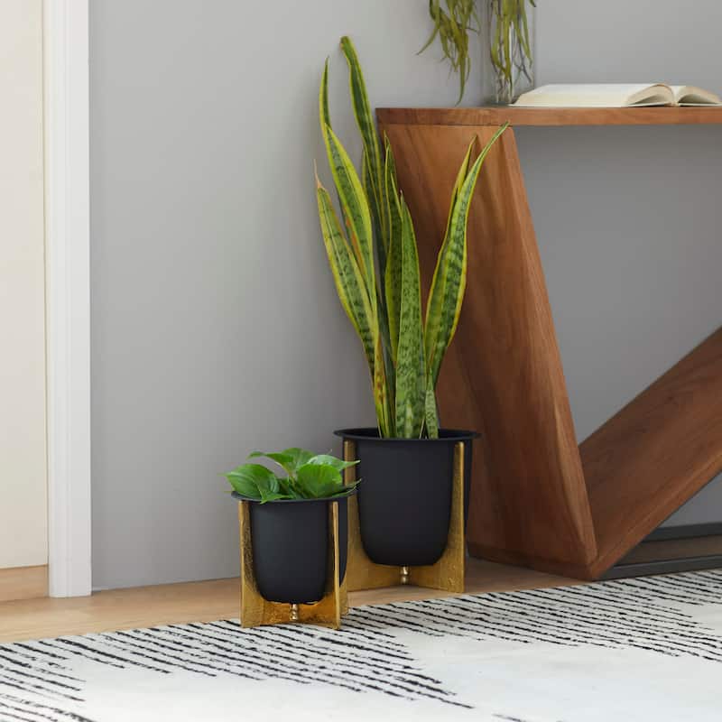 Metal Planter with Removable Gold Stand - Set of 2 Black - Roche River Decor - 9"W x 9"L x 9"H