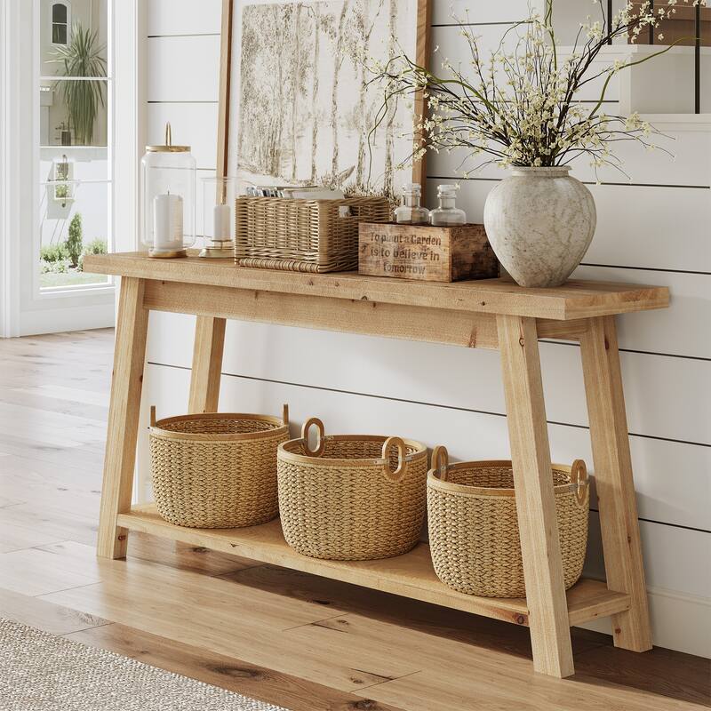 70.8'' Long Solid Wood Entryway Console Table with Shelf, 1.97'' Thick One-Piece Solid Wood Tabletop