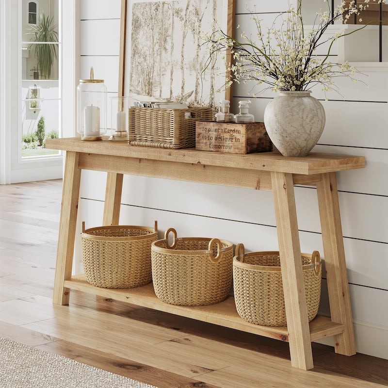 70.87 Inch All Solid Wood Console Table with Shelf, 1.97'' Thick One-Piece Tabletop