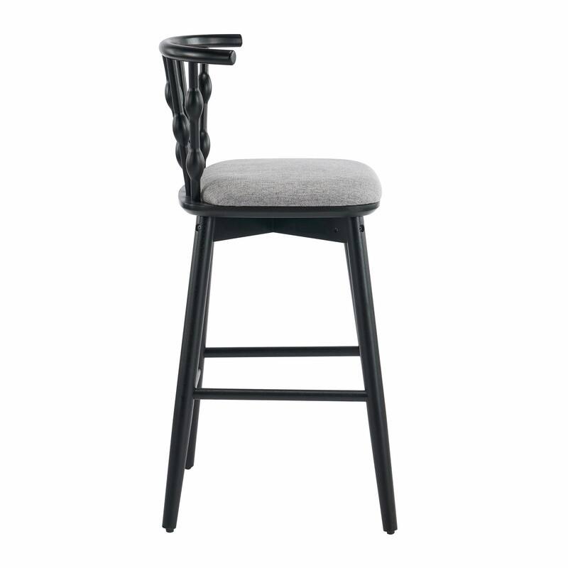 Doria Indoor Wooden Bar Stools with Gray Upholstery and Black Finish, Set of 2