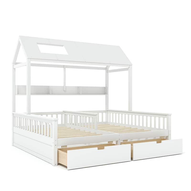 Double Twin Platform Bed with Storage Shelves and Drawers, House Platform Bed with Support Slats, Childlike