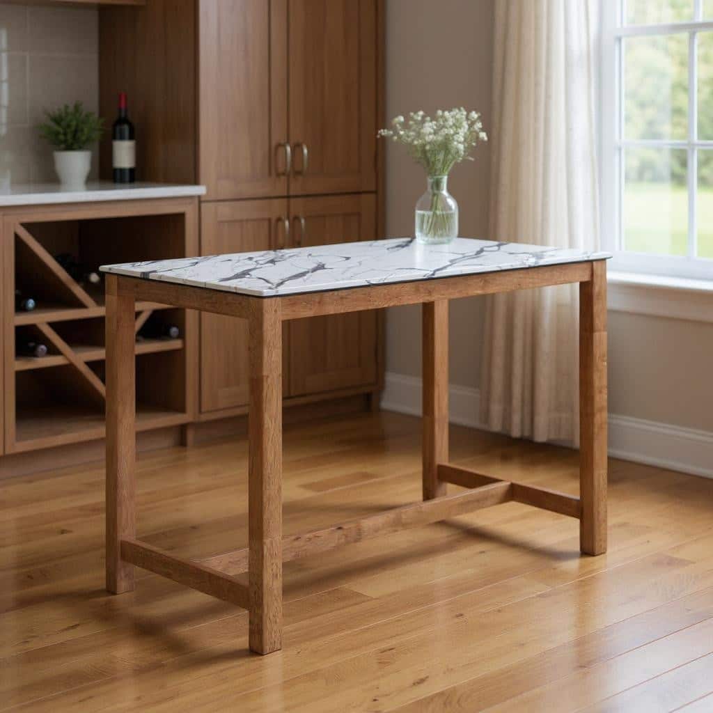 HomeRoots 48" White and Natural Faux Marble and Solid Wood Rectangular Bar Table - 48.00 in. x 36.20 in. x 28.00 in.