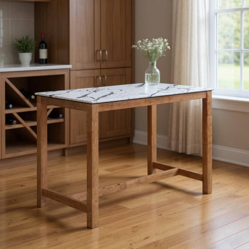 HomeRoots 48" White and Natural Faux Marble and Solid Wood Rectangular Bar Table - 48.00 in. x 36.20 in. x 28.00 in. - White