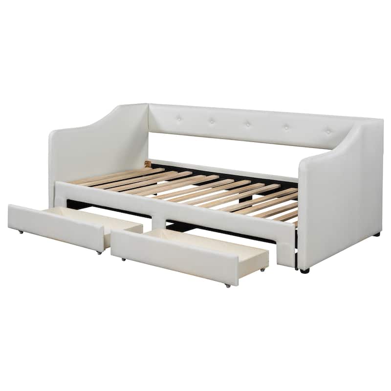 Twin XL to King Size Daybed Bed Frame, Upholstered Low Profile Bed with Two Storage Drawers and Button Backrest