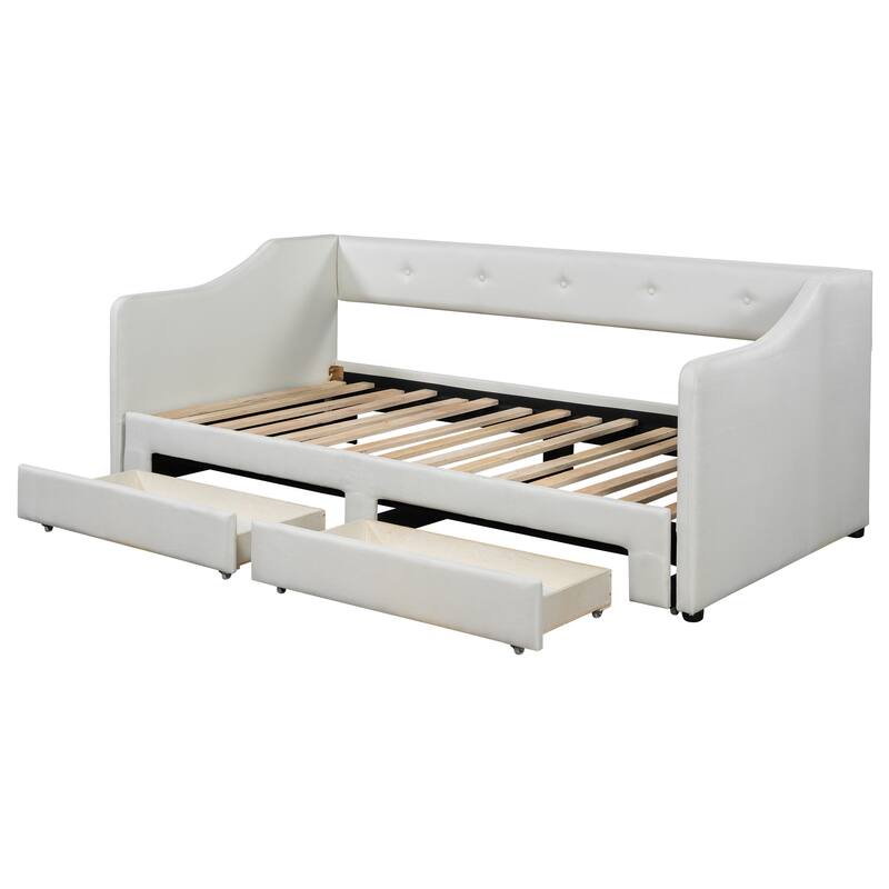 Twin XL to King Upholstered Daybed with Two Storage Drawers, Expandable Design, No Box Spring Required