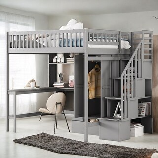 Wooden Bed with Storage Drawers, Full Size Space-saving Loft Bed with Bookshelf, Kid's Bed with Desk and Wardrobe, Grey