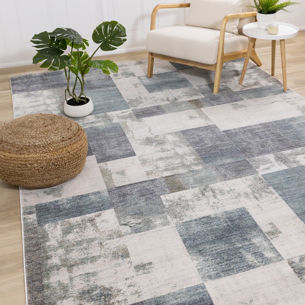 Olivia Collection - Blue Cream Grey Distressed Geometric Plush Area Rug