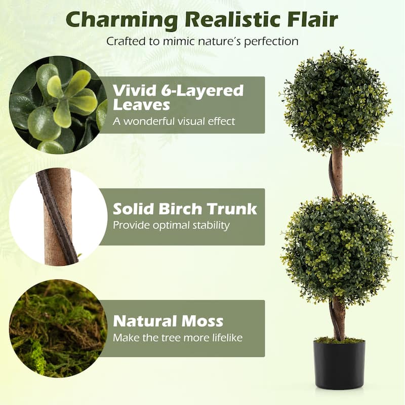 3 Feet Set of 2 Artificial Topiary Ball Trees Faux Shrubs with Birch Trunks for Indoor Outdoor Decor - 35.5"