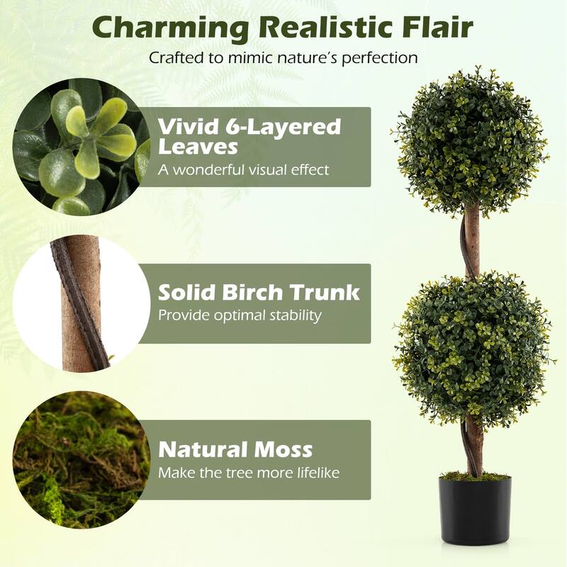 Gymax Set of 2 Artificial Double Topiary Ball Trees 3 FT Faux Boxwood