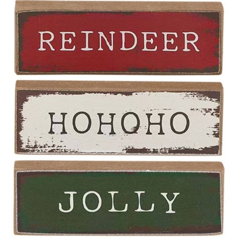 Farmhouse Christmas Tiny Stick Set Jolly Reindeer Ho Ho Ho- 3 Asstd - 3" x 0.50" x 1" - White-Red-Green