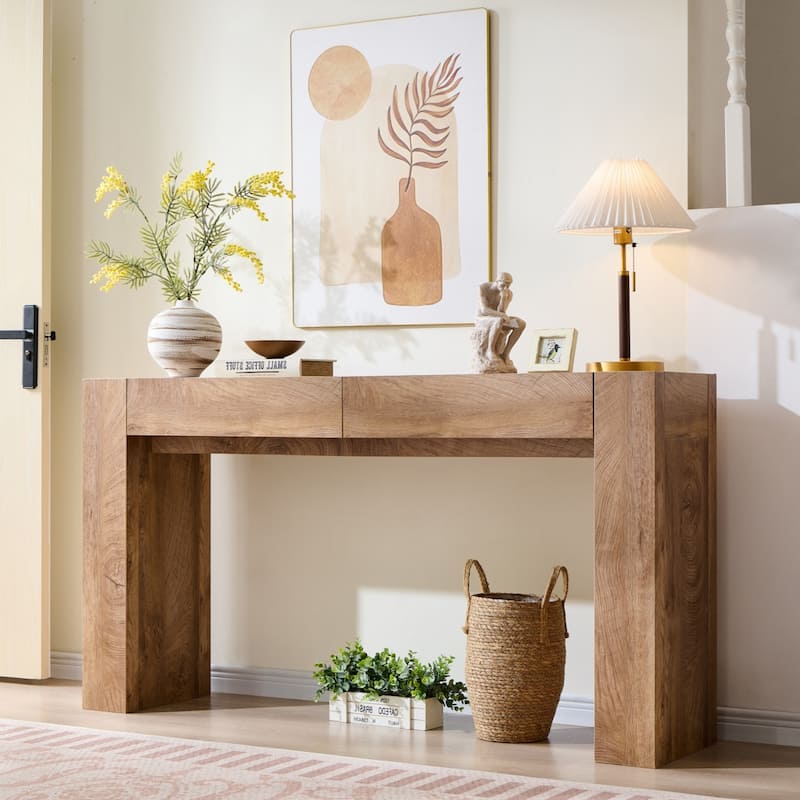 Modern Entryway Console Table, Thick Wood Sofa Table with Drawers - Rustic Oak