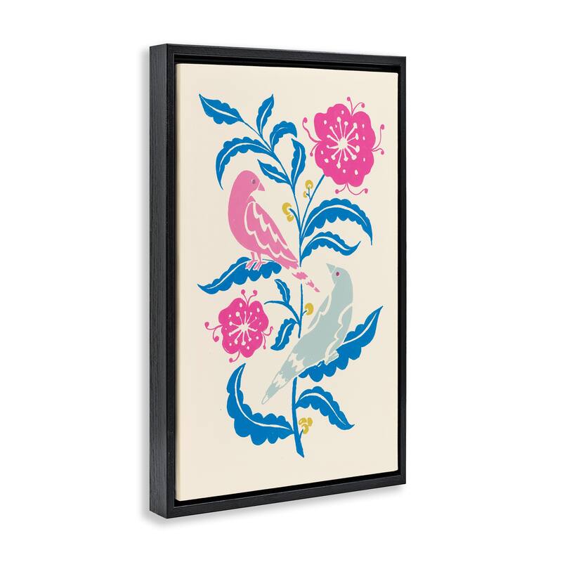 Stupell Minimal Bird Couple on Leaves Framed Floater Canvas Wall Art Design By Hannah Moren