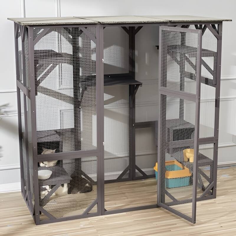 Gray Fir Wood Mesh Catio with 3 Tiers, 1 Door & Waterproof Roof