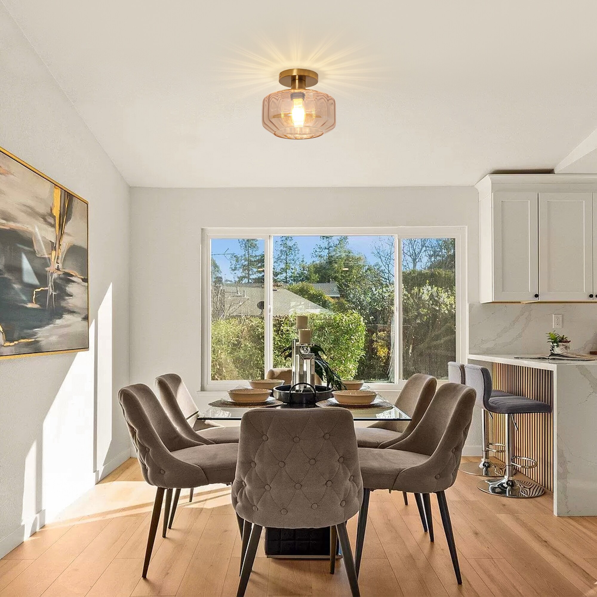 Vintage Amber Glass Semi Flush Mount Ceiling Light - D 8.7