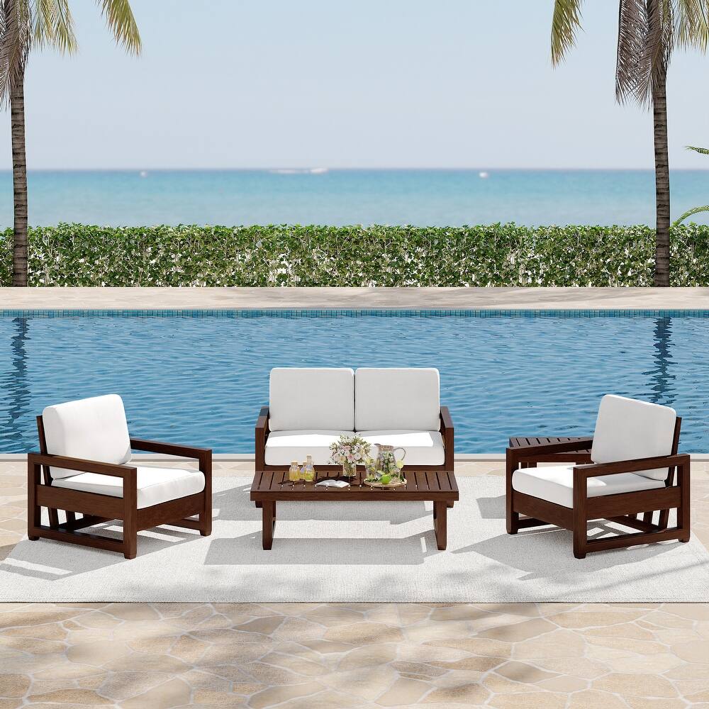 5-Piece Patio Wood Conversation Set with Loveseat, Chairs and Tables