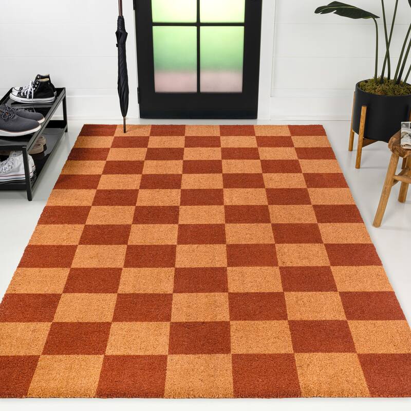 JONATHAN Y Classic Natural Coir Indoor/Outdoor Mat - Natural/Red Checker - 2 X 8