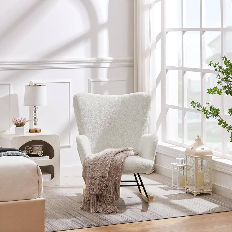 Javlergo Teddy Fabric Rocking Chair, Upholstered Nursery Glider Rocker with High Backrest & Side Pocket