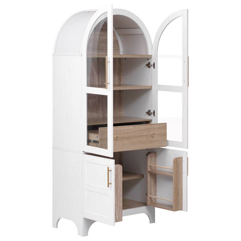 71"Tall Arched Kitchen Pantry Cabinet with Door Shelves,Cabinet with Open & Adjustable Shelves,Hidden Drawer & Glass Door