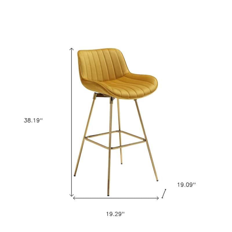HomeRoots Set of Two 29" Yellow and Gold Velvet and Metal Low Back Bar Height Swivel Bar Chairs