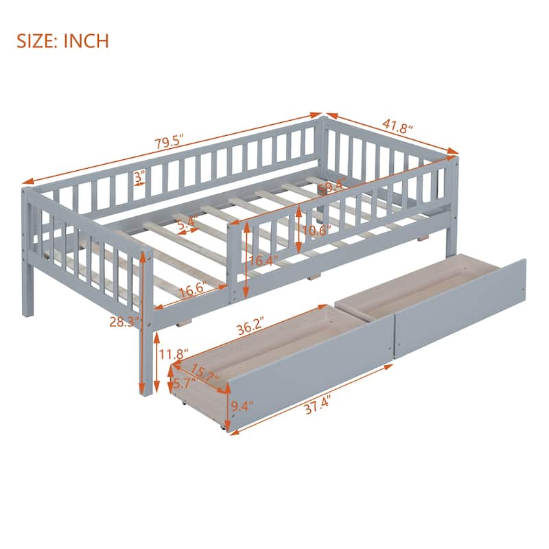 Twin Size Daybed Wood Storage Bed with Pull-out Drawers and Fence