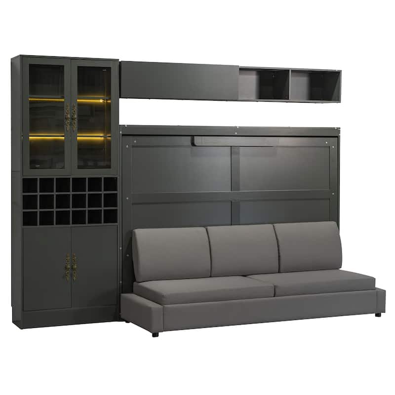 Full Size Murphy Bed Wall Bed with Sofa , Shelves USB & Light