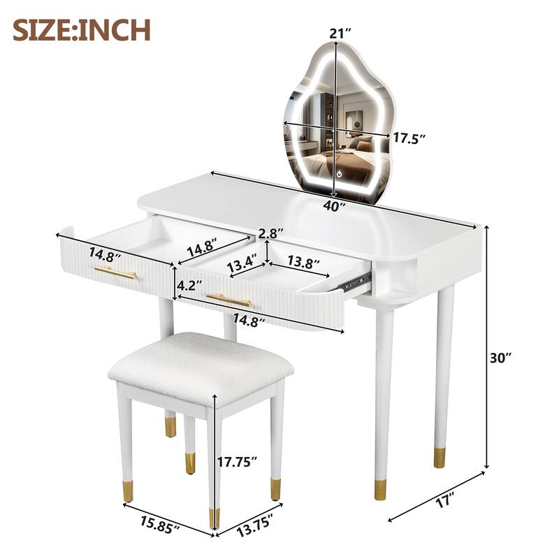 Vanity Table Set with Cushioned Stool, Dressing Table with Touch Screen LED Mirror, Makeup Table with 2 Drawers